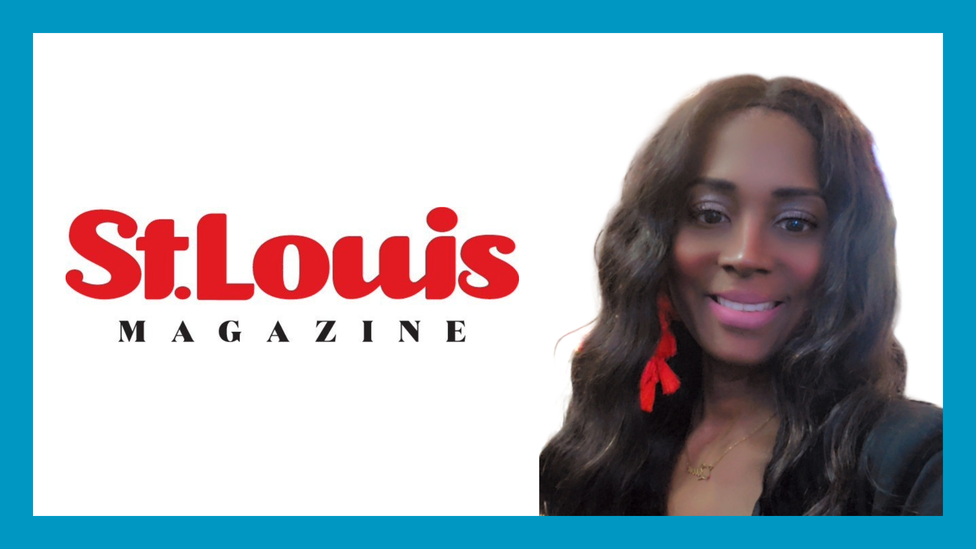 blue rectangle surrounding the red st louis magazine logo and a woman's headshot to the right corner