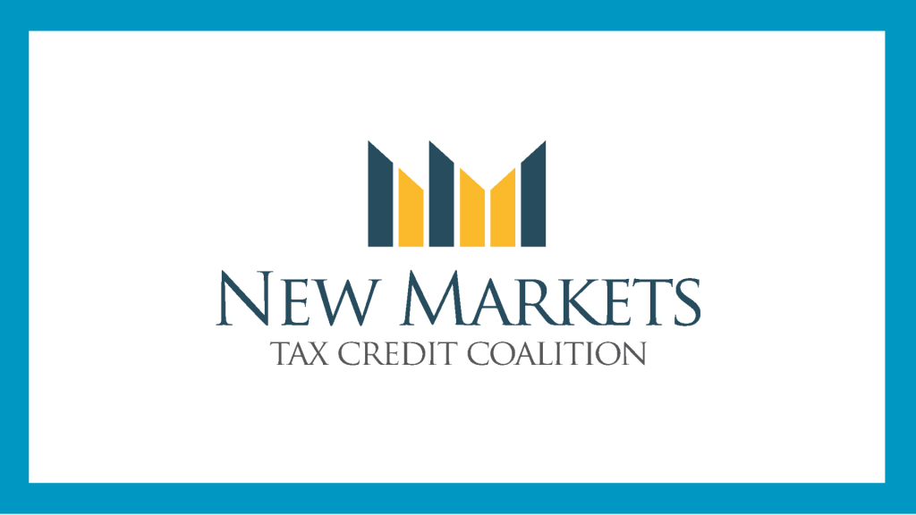 Blue rectangle surrounded a white rectangle with the New Markets Tax Credit Coalition logo in the center