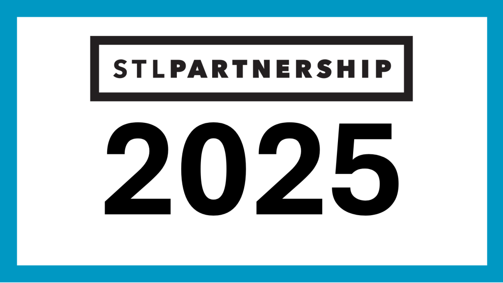 blue border around stl partnership logo and the number 2025 in bold