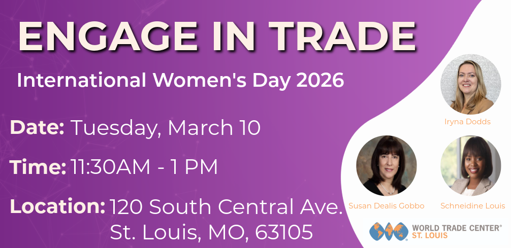 Engage in trade: International Women's day graphic with three headshots of women