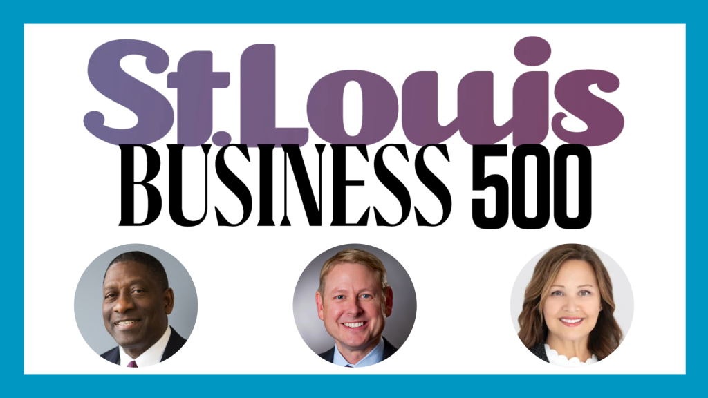 st louis business 500 text with headshots of crim, nowak, and sierra at bottom. surrounded by blue border