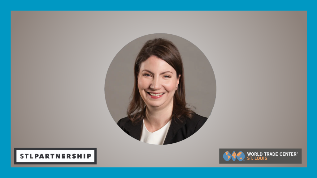 Headshot of stella on beige background with WTCSTL and STL Partnership logos and a blue border