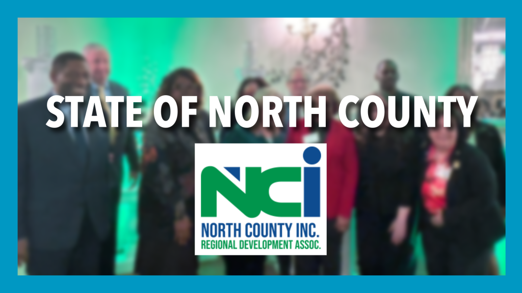 blurred image of people with words State of North County in white over them and the NCI logo below that. Blue border surrounds the picture