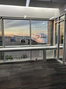 A British Airways plane is seen outside a large window