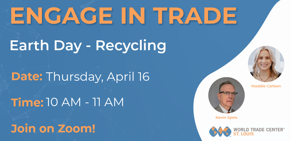 Engage in trade graphic in the colors blue, white, and orange with two headshots