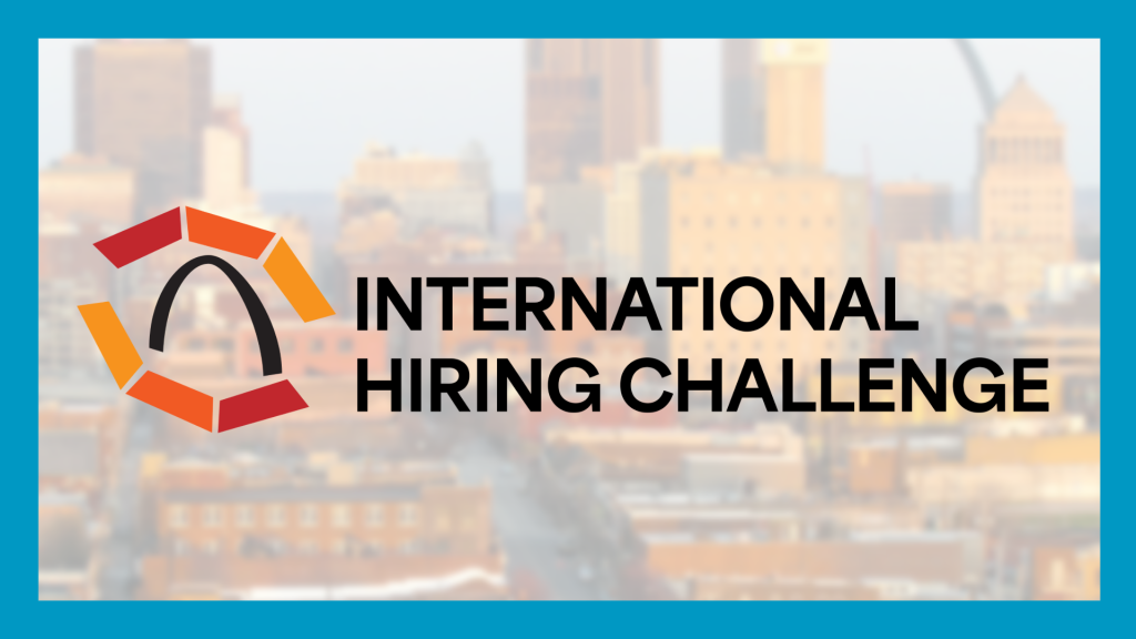 blurry image of stl with the international hiring logo on top and a blue rectangle around the border