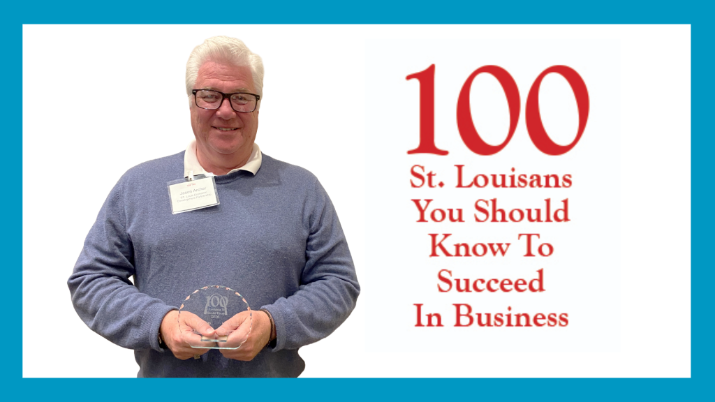 blue rectangle around pic of man in blue shirt with red text saying Top 100 St. Louisans to Know to Succeed in Business
