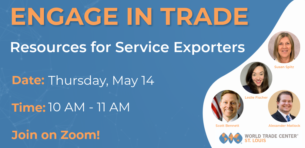 engage in trade graphic with information about event and headshots of speakers. blue, orange, and white as primary colors