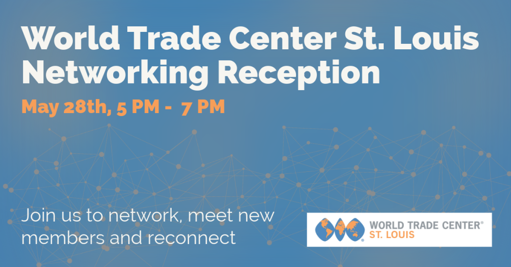 Blue, Orange, and White graphic with name and details about WTC Networking reception. Logo of WTC STL in bottom right corner