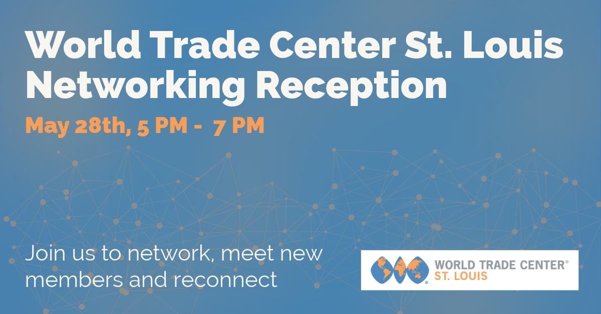 Blue, Orange, and White graphic with name and details about WTC Networking reception. Logo of WTC STL in bottom right corner