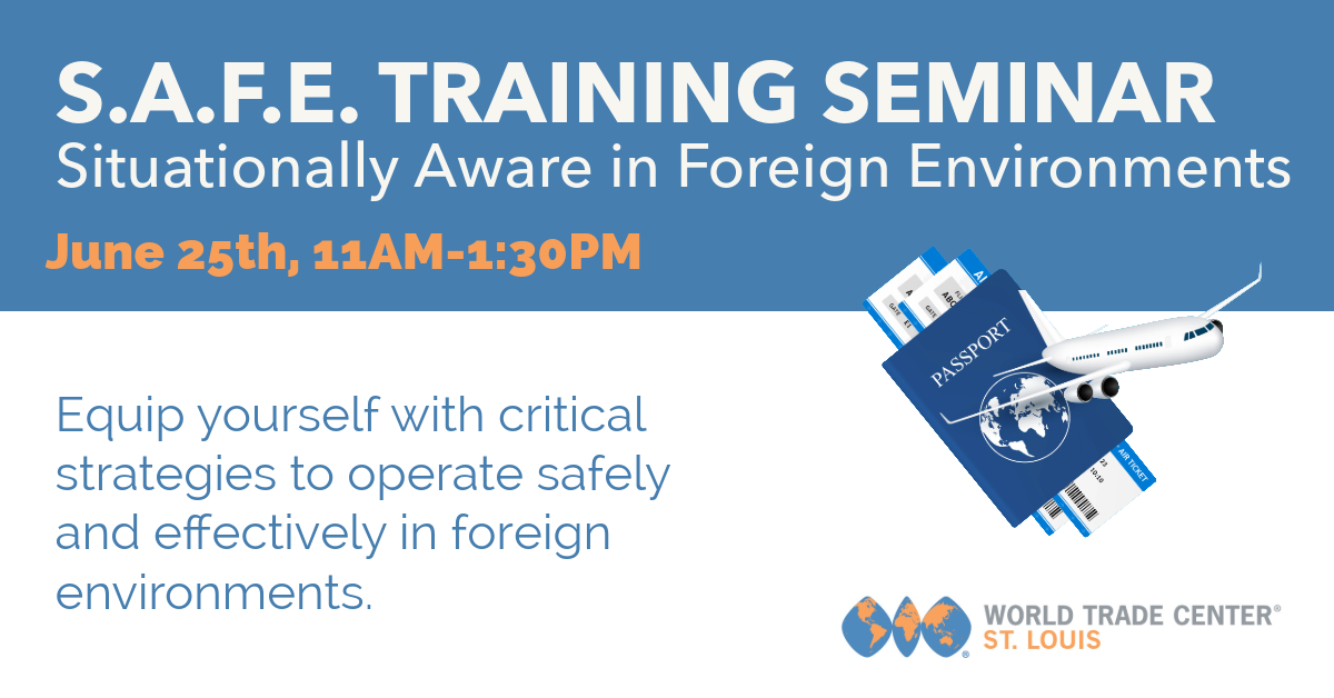 Graphic that is blue, white and orange with details about Safe Training Seminar and clipart of plane and ticket