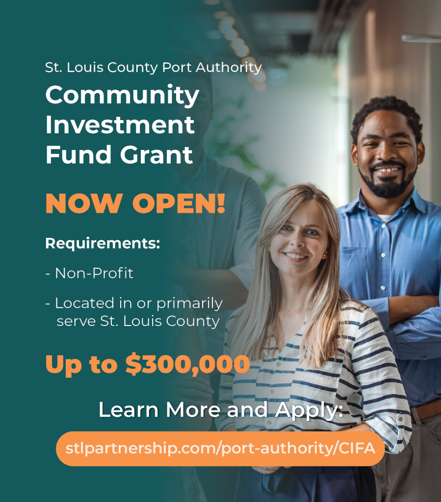 professionals standing confidently beside text announcing the St. Louis County Port Authority Community Investment Fund Grant now open for nonprofits serving St. Louis County. teal ombre across image