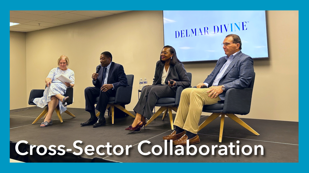 4 panelists sit on a stage. blue border surrounds image. white text says "Cross-Sector Collaboration" at bottom of image