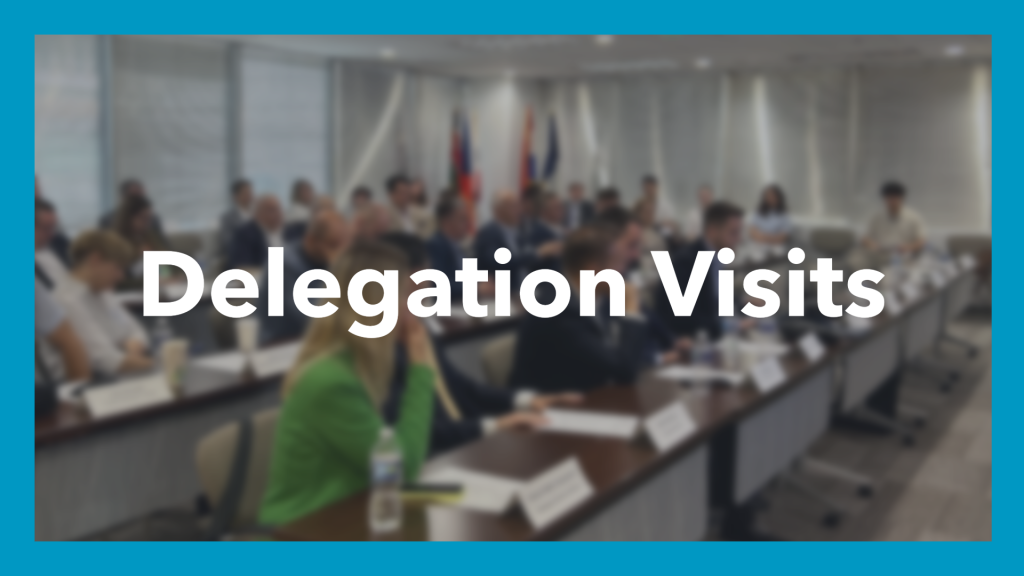 blue border surrounds blurry image of people sitting in a conference room with the text Delegation Visits