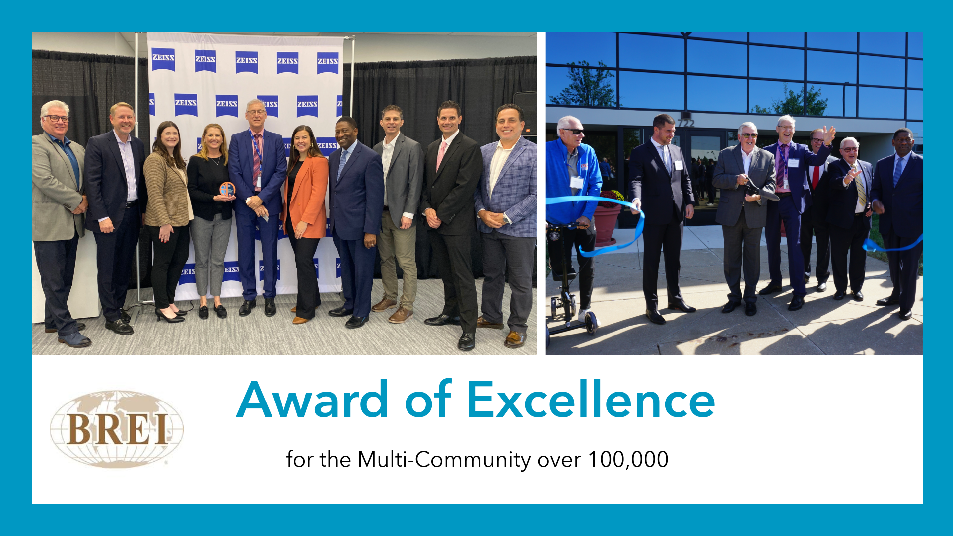 2 photos of people at the zeiss ribbon cutting. Award of excellence text at bottom. Blue border surrounds it