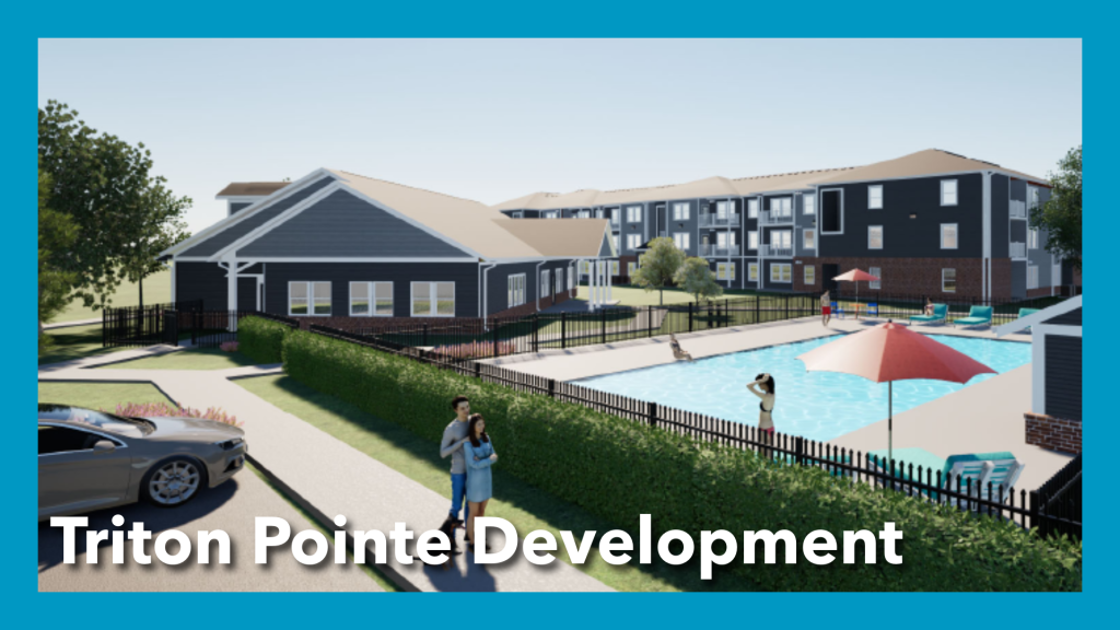rendering of community housing with pool - words say Triton Pointe Development - blue border surrounding image