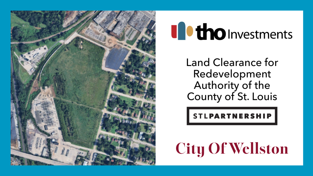 map of wellston, tho logo, stl partnership logo, text with wellston and county LCRA. Blue border surrounds everything
