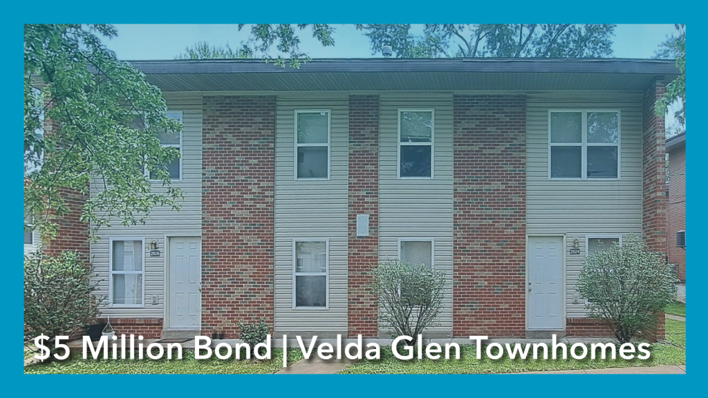 ombre blue pic of townhouse with words "$5 million bond | Velda Glen Townhomes" - blue border around