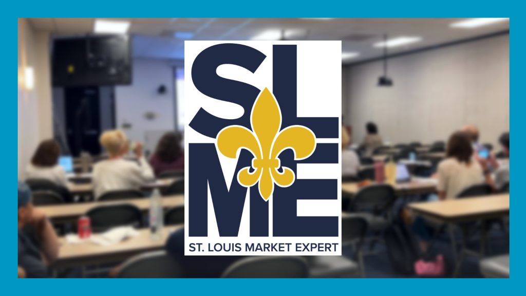 blue rectangle border surrounds blurred pic of people sitting in room looking at speaker. Large SLME logo over middle of image