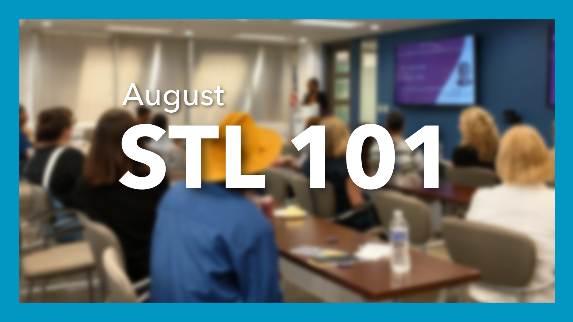 Text reading August - stl 101 in big white letters over blurry crowd image with blue rectangle around it