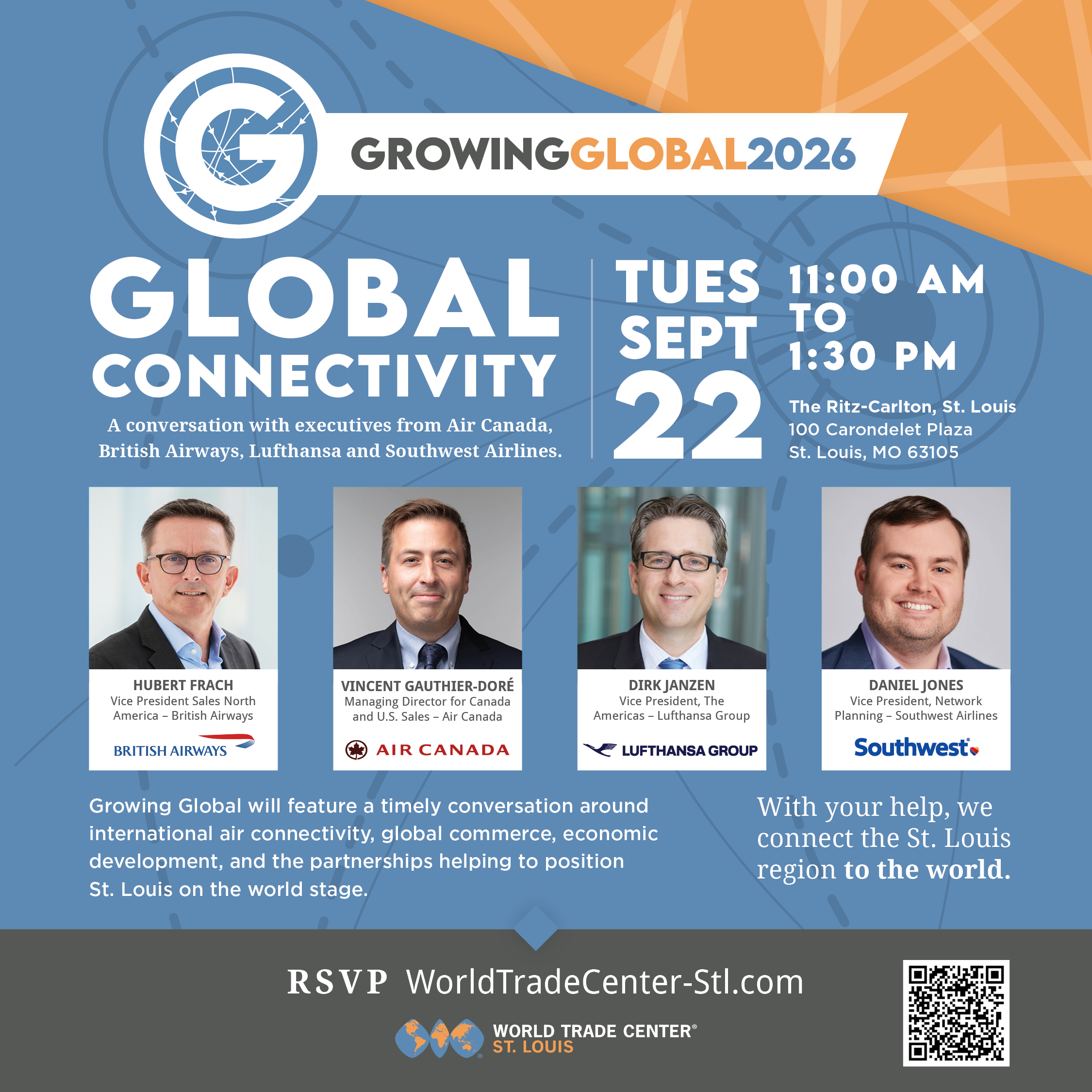 Blue and Orange Growing Global 2026 Evite with speaker headshots and titles