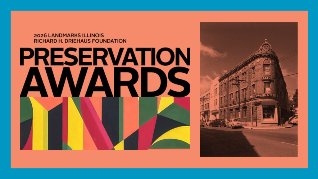 salmon background with wedge building in salmon grayscale and preservation award logo next to it
