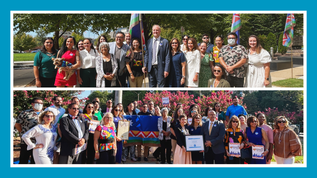 blue border surrounds 2 group photos - one of city flag raising (bottom) one of county flag raising (top)