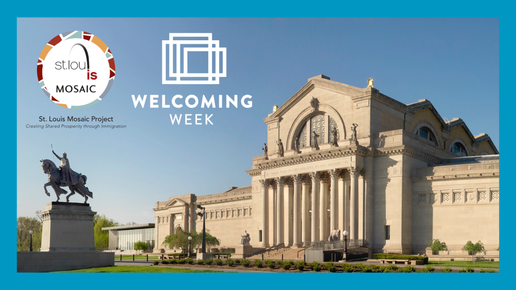 Photo of SLAM with Mosaic Project and welcoming week logos over it and a blue border surrounding it