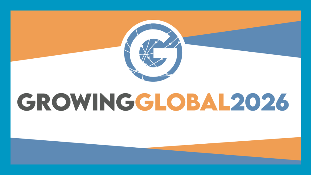 growing global graphic in blue and orange and white