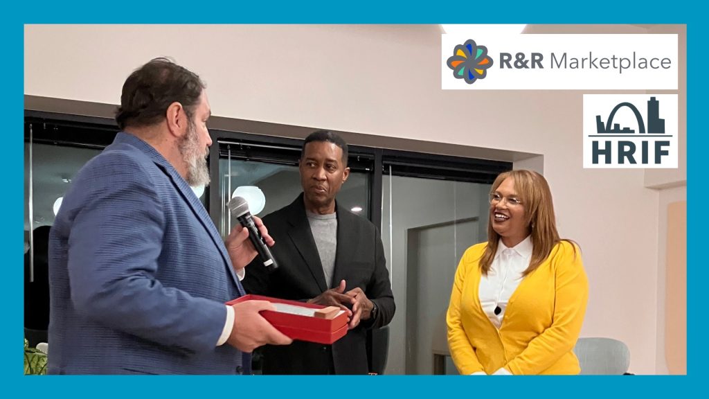 picture of Jeff receiving award with R&R logo and HRIF logo in corner and blue border surrounding