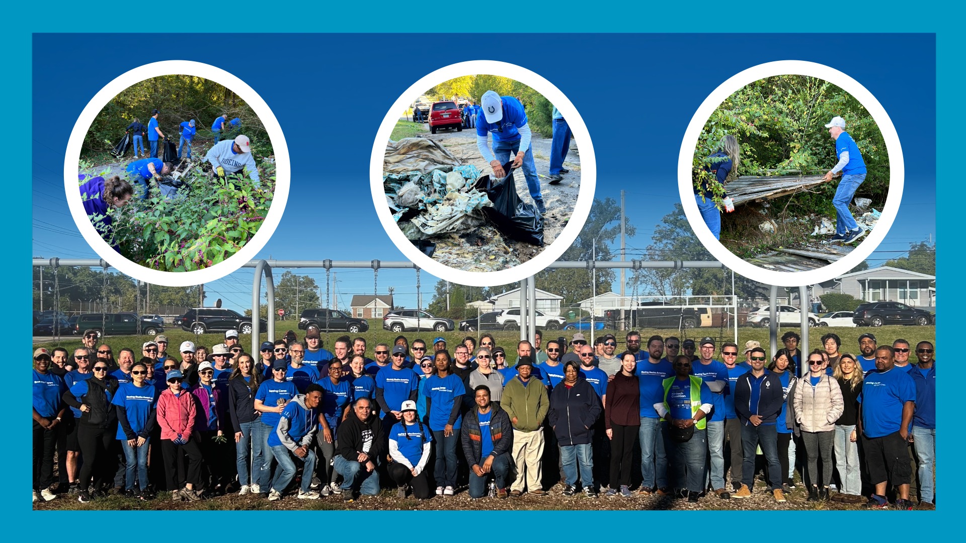 Image of boeing volunteer group with 3 circle cropped images of boeing volunteers cleaning up debris at the top. Blue border surrounds image
