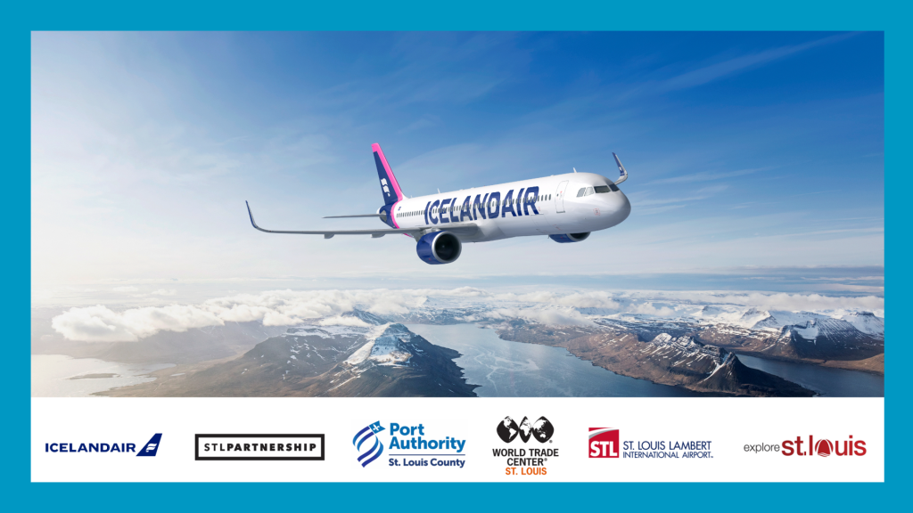Icelandair plane in flight with blue border around image. logos of participating organizations at the bottom of image including Icelandair, STL Partnership, St. Louis County Port Authority, World Trade Center STL, The STL Lambert International Airport, and Explore STL